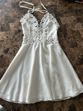 Missguided White Halter Mini Dress, Floral Crochet Cutout Fit & Flare size 4